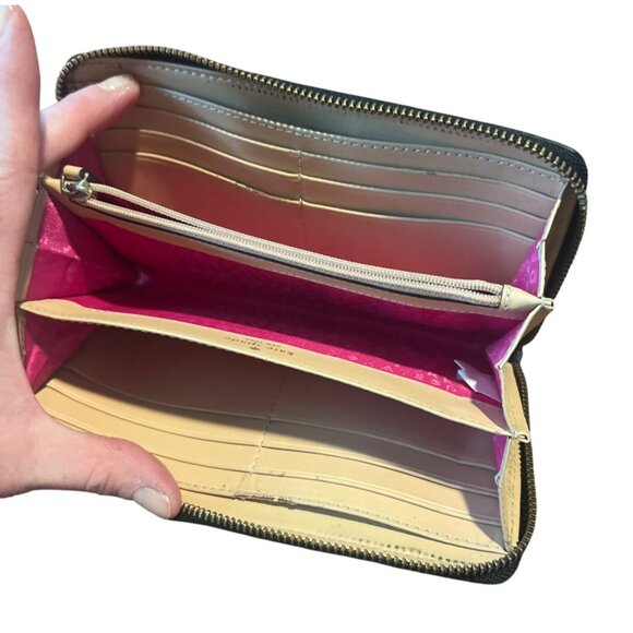 Kate Spade New York Zip-Around Wallet Black Pebbled Leather With Pink Interior - Picture 4 of 7